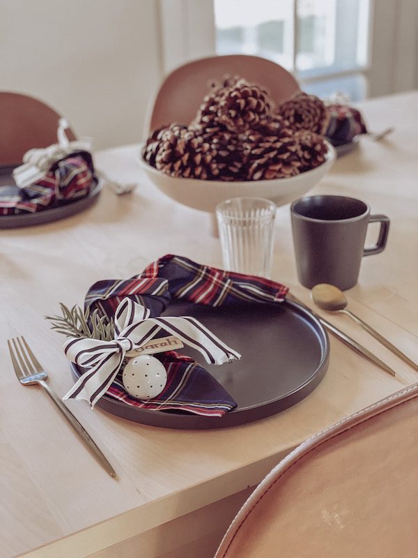christmas brunch table with plaid napkins