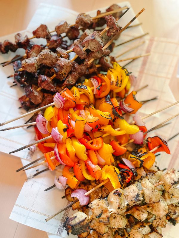 chicken beef and vegetable kabobs grilled for summer dinner menu